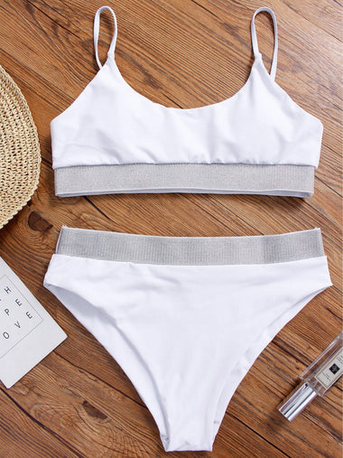 Wholesale White Scoop Neck Sleeveless Plain Spaghetti Strap High Waist 2 Piece Bikinis