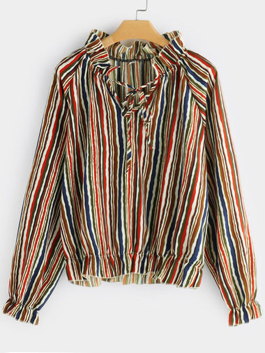 Wholesale V-Neck Stripe Self-Tie Long Sleeve Plus Size Tops