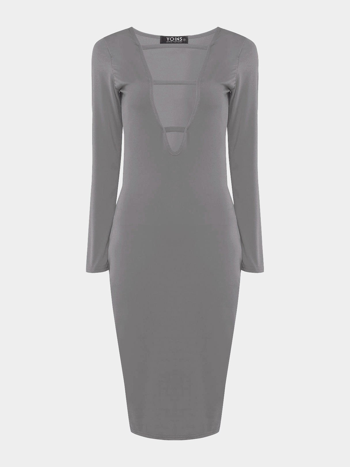 Wholesale V-Neck Plain Hollow Long Sleeve Grey Sexy Dresses