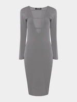 Wholesale V-Neck Plain Hollow Long Sleeve Grey Sexy Dresses