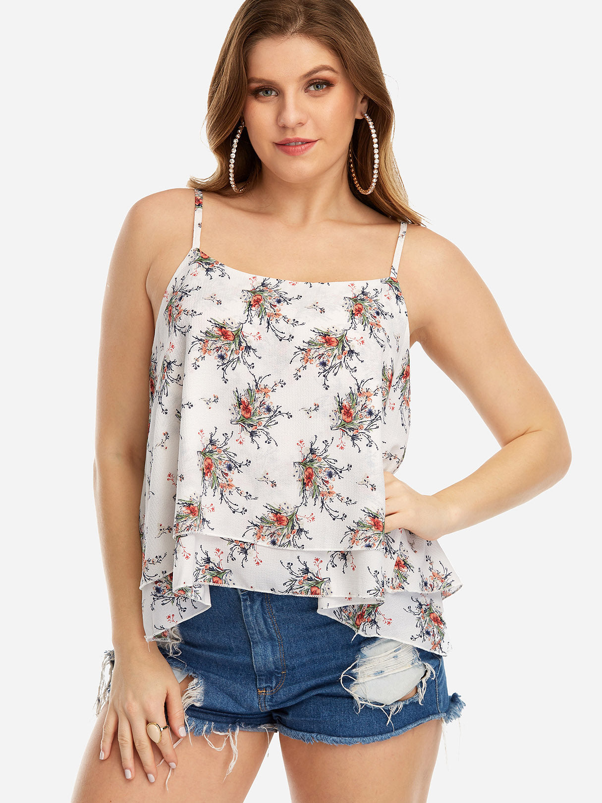 Wholesale Square Neck Floral Print Tiered Backless Spaghetti Strap Sleeveless White Plus Size Tops