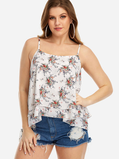 Wholesale Square Neck Floral Print Tiered Backless Spaghetti Strap Sleeveless White Plus Size Tops
