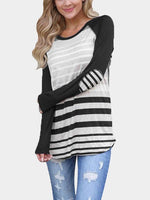 Wholesale Round Neck Stripe Long Sleeve Curved Hem T-Shirt