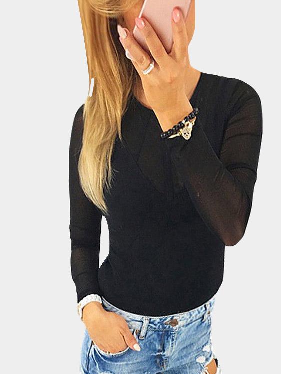 Wholesale Round Neck Knitted Mesh Stitching Long Sleeve Black Top