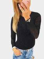 Wholesale Round Neck Knitted Mesh Stitching Long Sleeve Black Top
