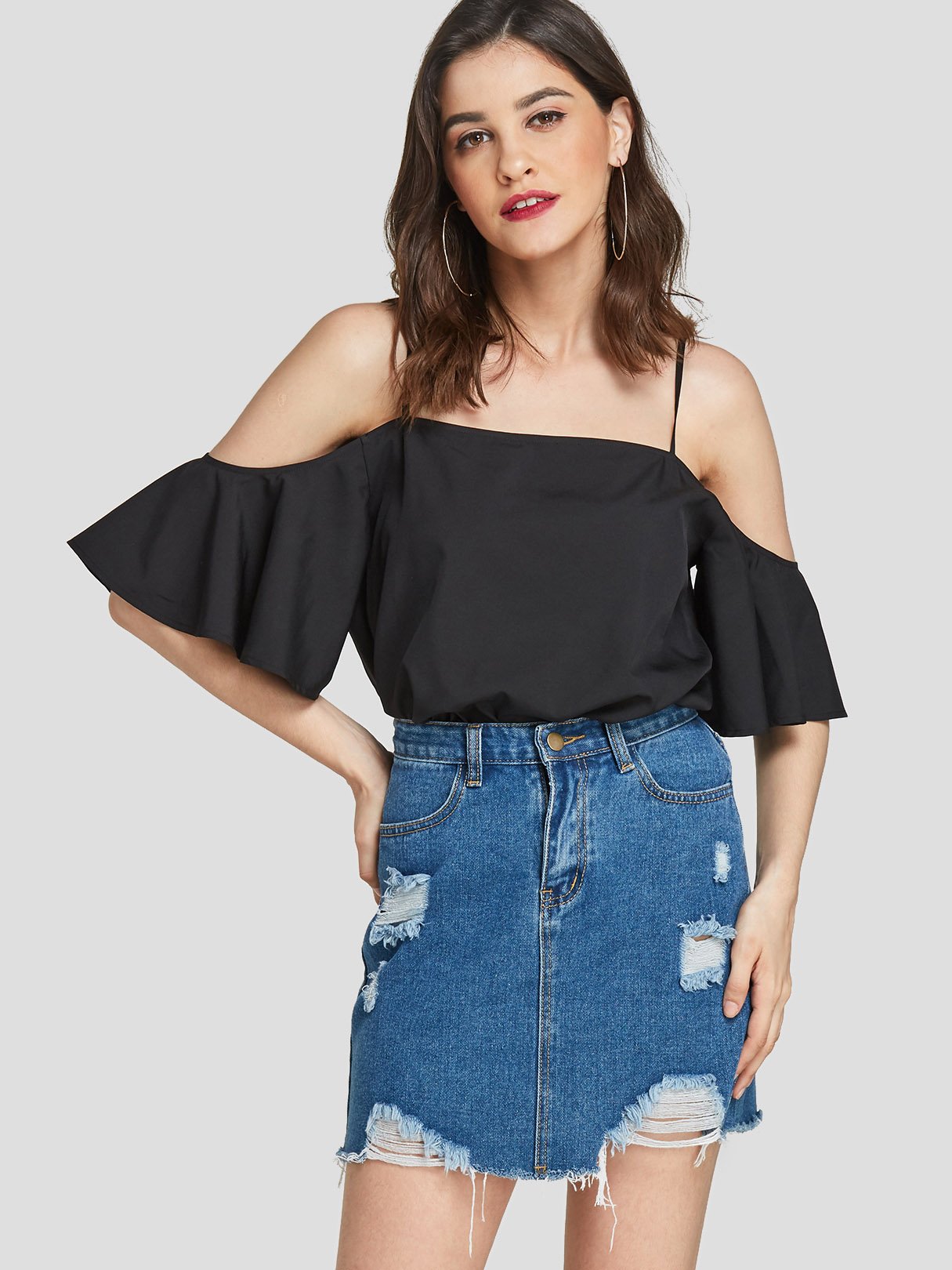 Wholesale Cold Shoulder Plain Ruffle Trim Short Sleeve Black T-Shirts
