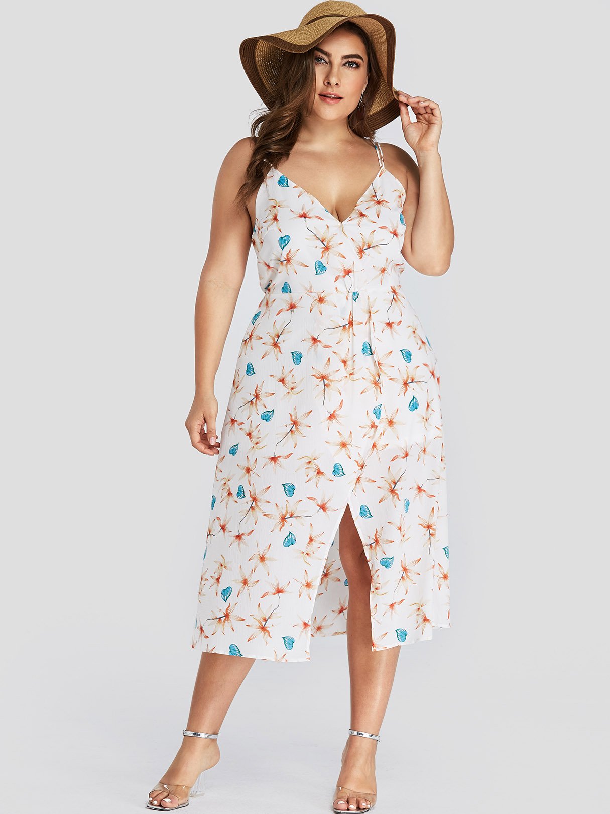 Wholesale V-Neck Sleeveless Slit Hem White Plus Size Dress