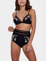 Wholesale V-Neck Embroidered Hollow Tie-Up Sleeveless High-Waisted Black Bikini Set