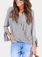 Wholesale V-Neck Crossed Front Lace-Up Long Sleeve Grey T-Shirts