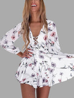 Wholesale White V-Neck Long Sleeve Floral Print Zip Back Criss-Cross Dresses