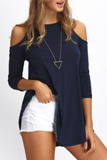 Wholesale Round Neck Cold Shoulder 3/4 Sleeve Navy T-Shirts
