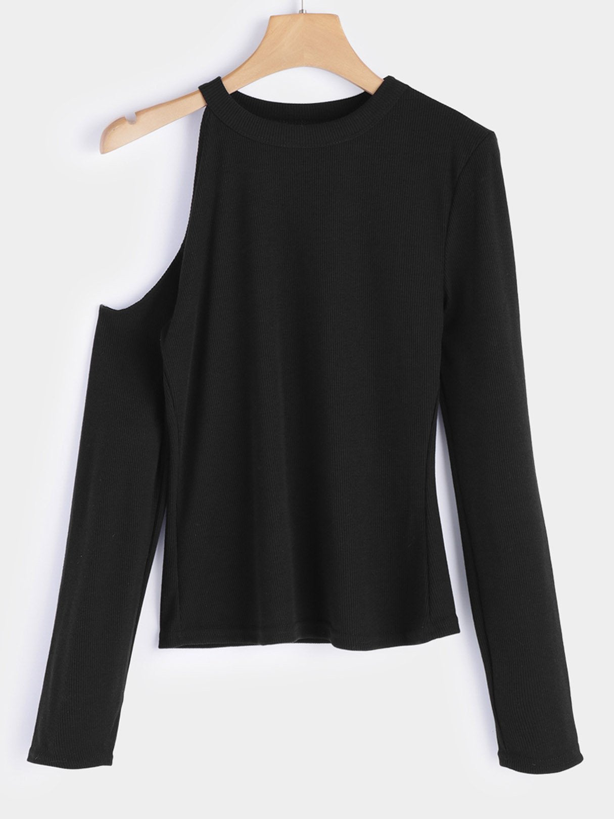 Wholesale Crew Neck Asymmetrical One Shoulder Plain Cut Out Long Sleeve Black Blouses