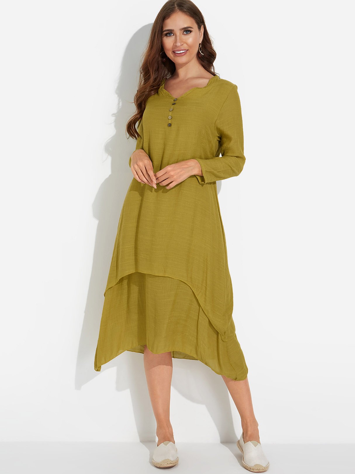 Wholesale V-Neck Long Sleeve Irregular Hem Maxi Dress