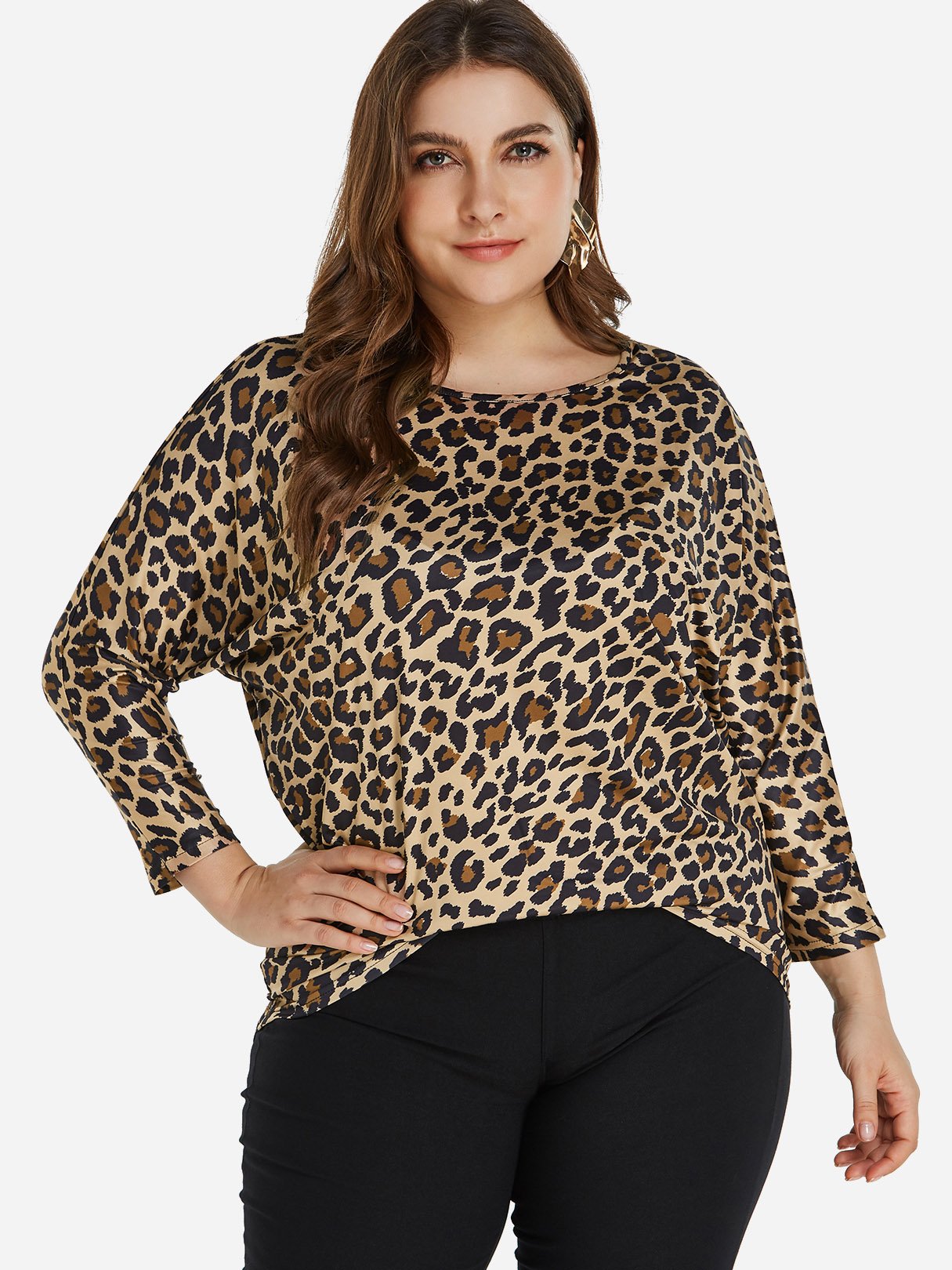 Wholesale Round Neck Leopard Long Sleeve Oversized Tops
