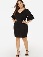 Wholesale V-Neck Plain Pleated Short Sleeve Black Plus Size Mini Dresses