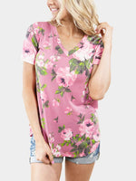 Wholesale V-Neck Floral Print Short Sleeve Pink T-Shirts