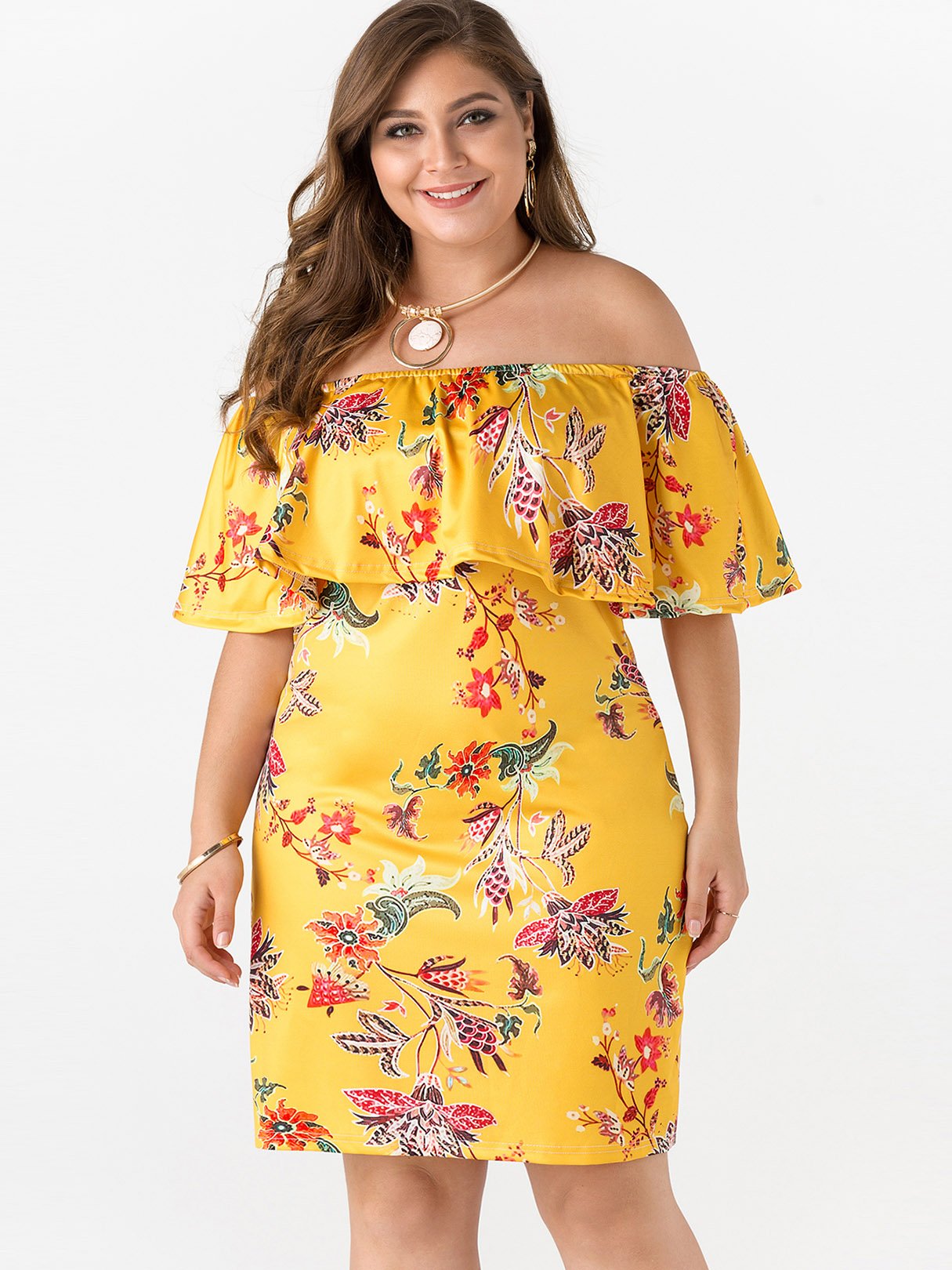 Wholesale Off The Shoulder Floral Print Tiered Half Sleeve Yellow Plus Size Dress