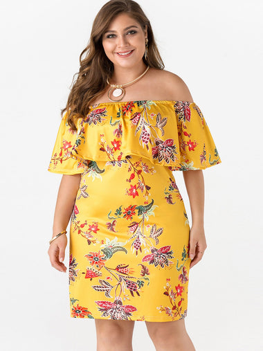 Wholesale Off The Shoulder Floral Print Tiered Half Sleeve Yellow Plus Size Dress