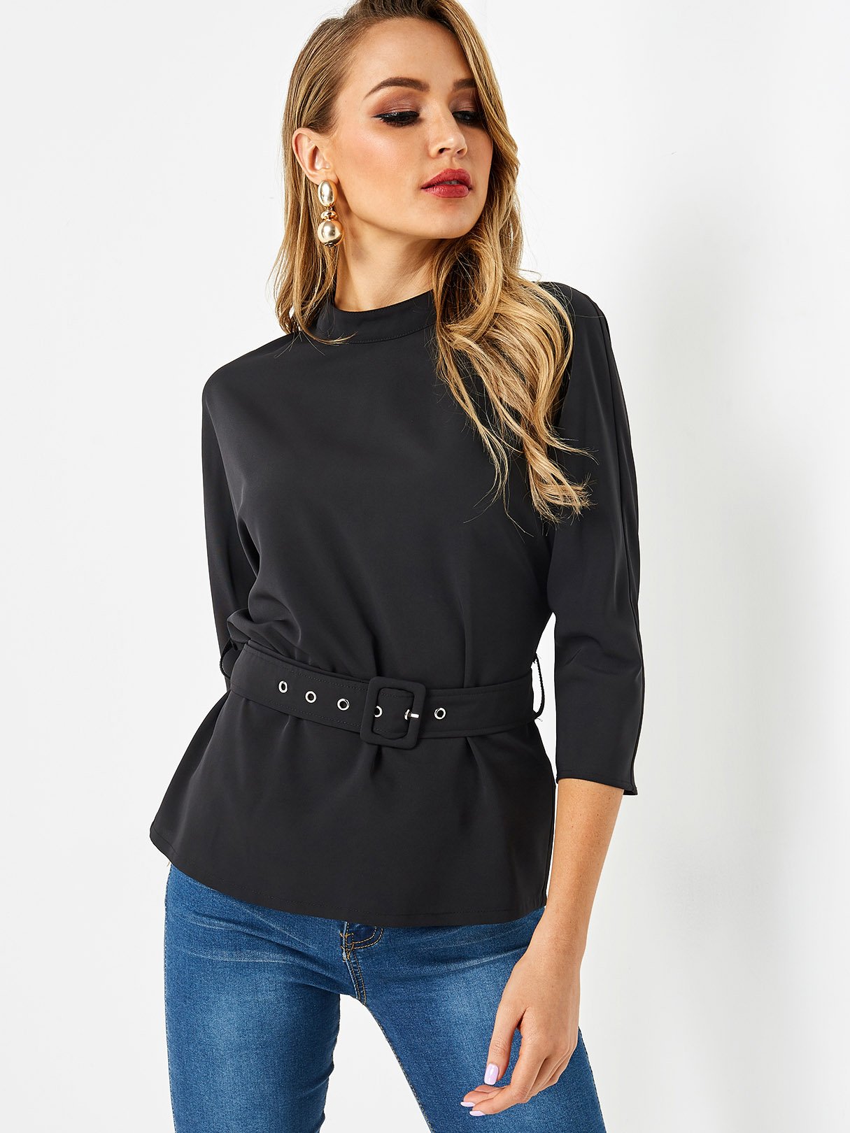 Wholesale Stand Collar 3/4 Sleeve Top With Buckle Belt Waist