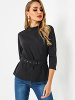 Wholesale Stand Collar 3/4 Sleeve Top With Buckle Belt Waist