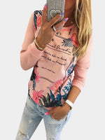Wholesale Crew Neck Floral Print Long Sleeve Pink T-Shirts
