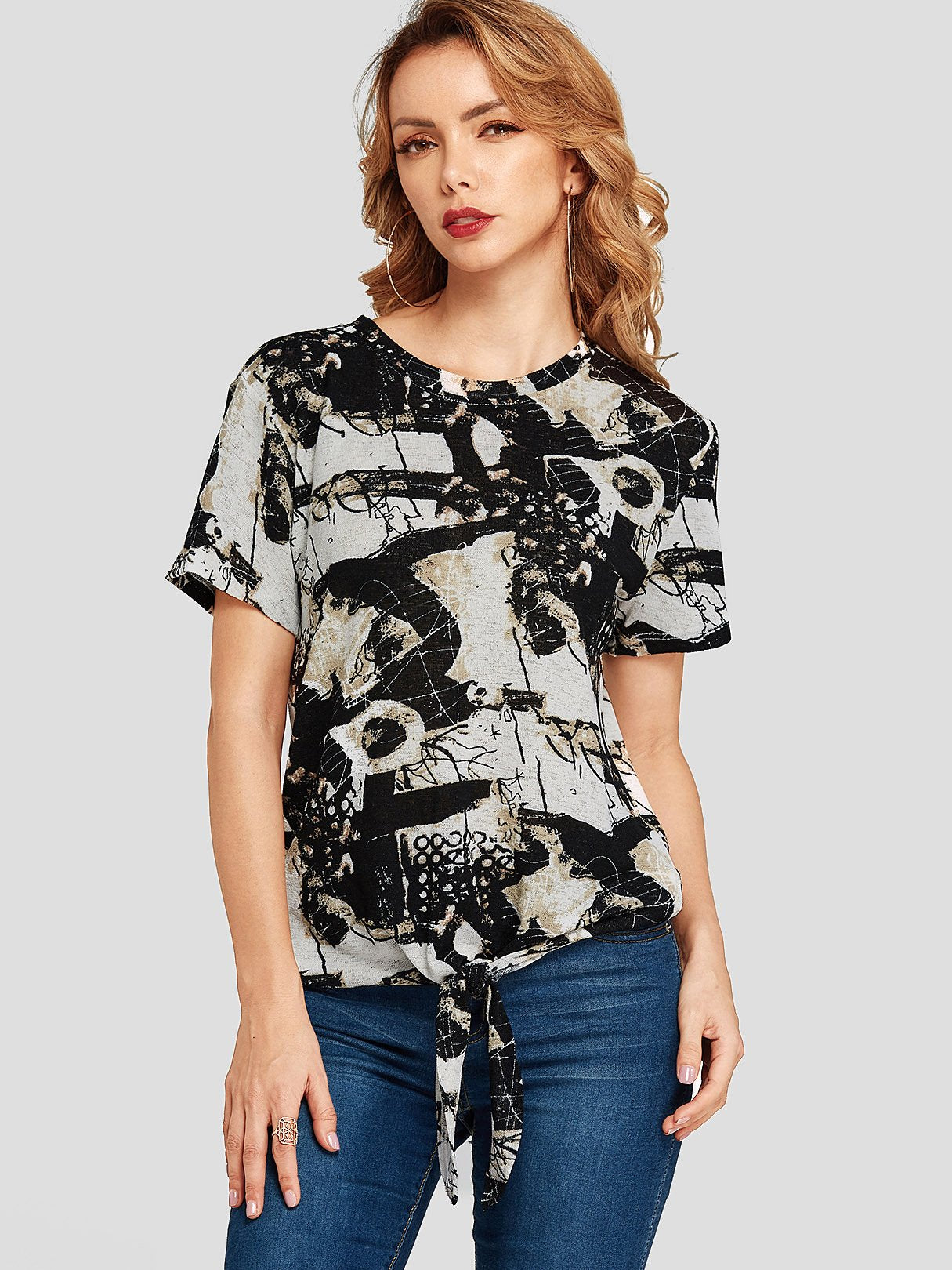 Wholesale Round Neck Printed Self-Tie Short Sleeve Black T-Shirts
