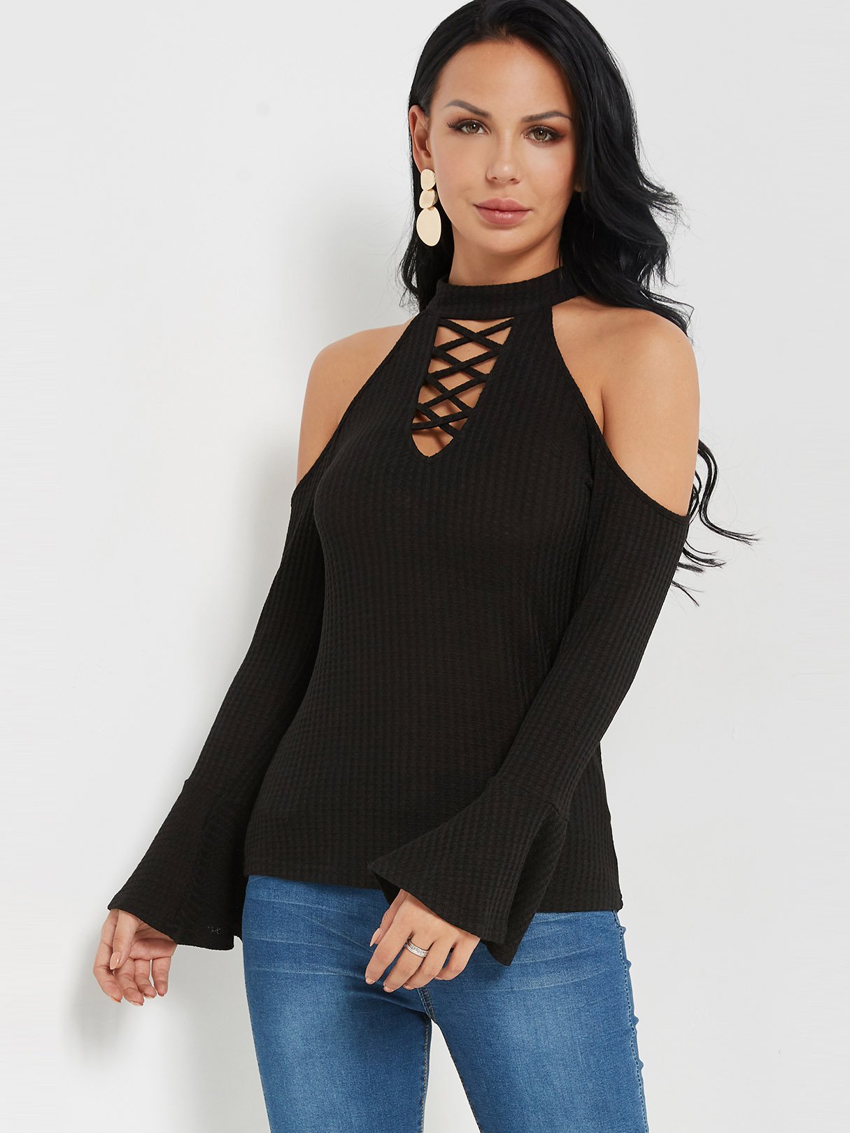 Wholesale Halter Lace-Up Long Sleeve Black Top