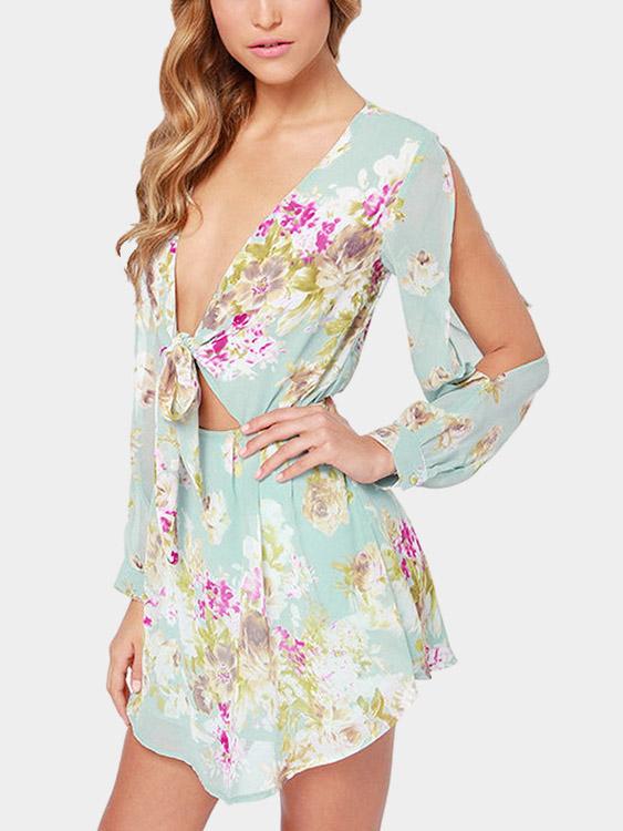 Wholesale Long Sleeve Floral Print Tie Up Front Cold Shoulder Dresses With Lining