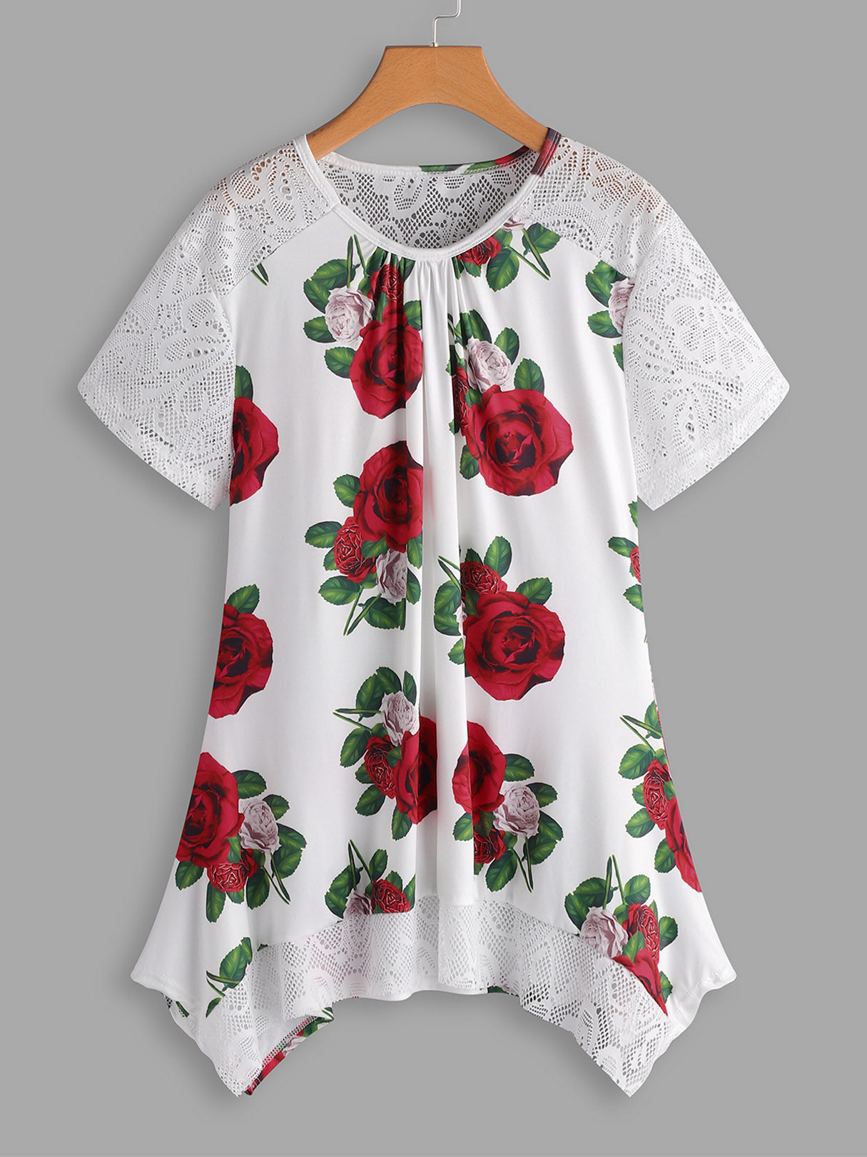 Wholesale Round Neck Floral Print Lace Short Sleeve Handkerchief Hem White Plus Size Tops
