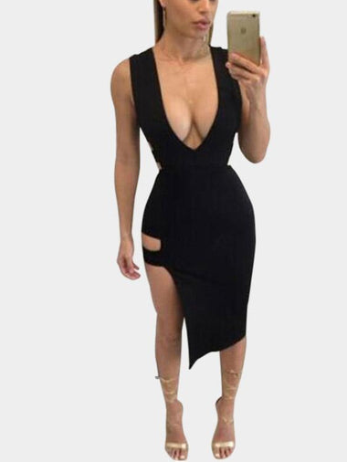 Wholesale Black V-Neck Sleeveless Zip Back Cut Out Slit Hem Sexy Dress