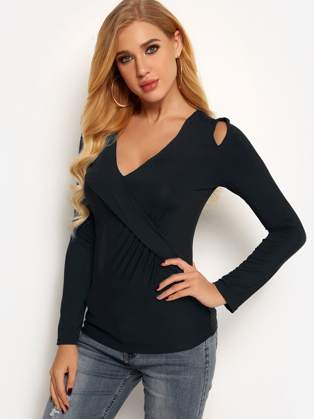 Wholesale V-Neck Plain Crossed Front Cut Out Pleated Long Sleeve Black Top