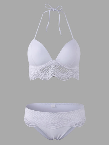 Wholesale White Halter Sleeveless Lace Lace-Up Wireless Bikinis