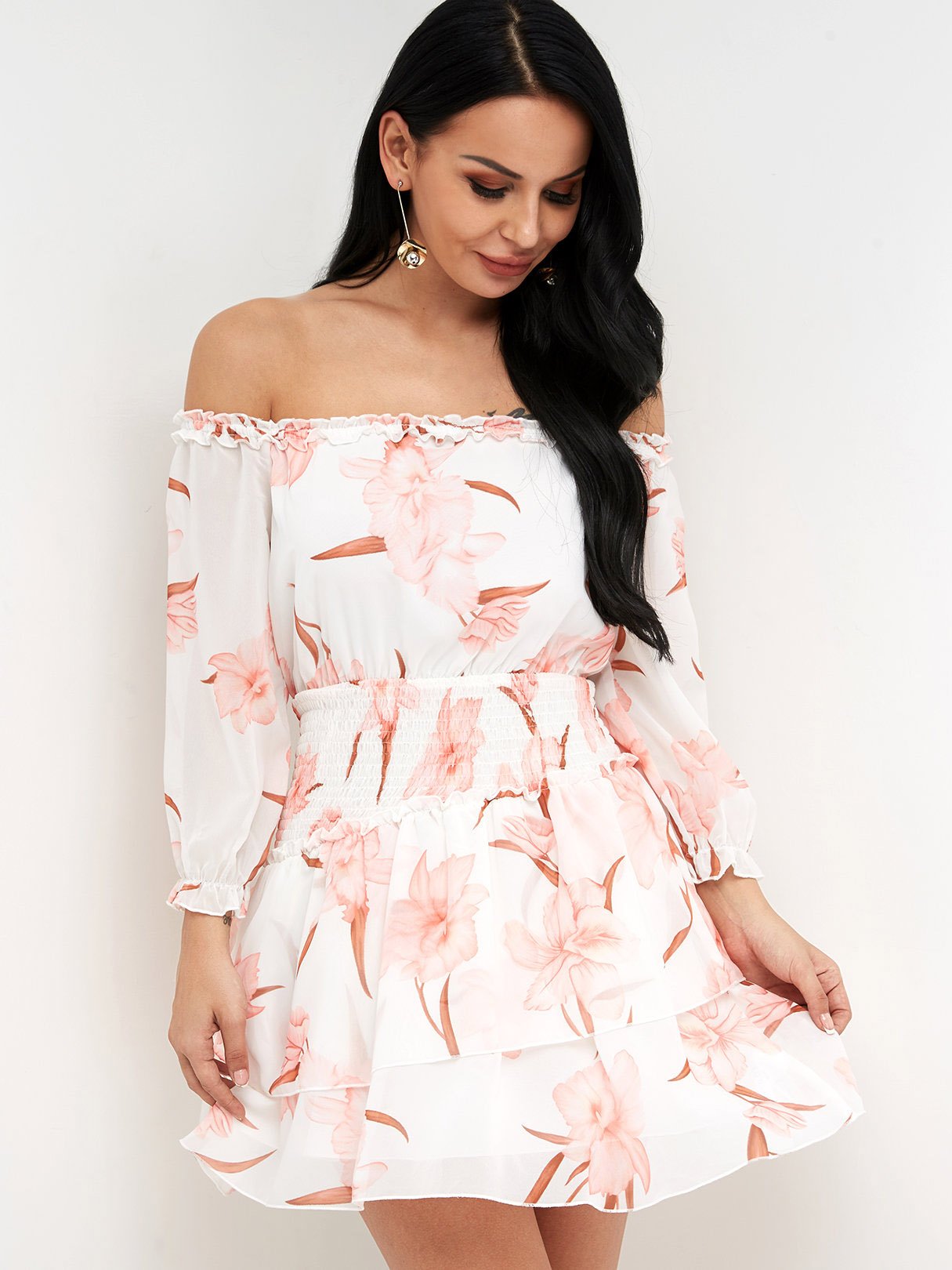 Wholesale White Off The Shoulder 3/4 Sleeve Length Floral Print Flounced Hem Dresses