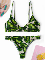 Wholesale Green Scoop Neck Sleeveless Printed Backless Spaghetti Strap Bikinis