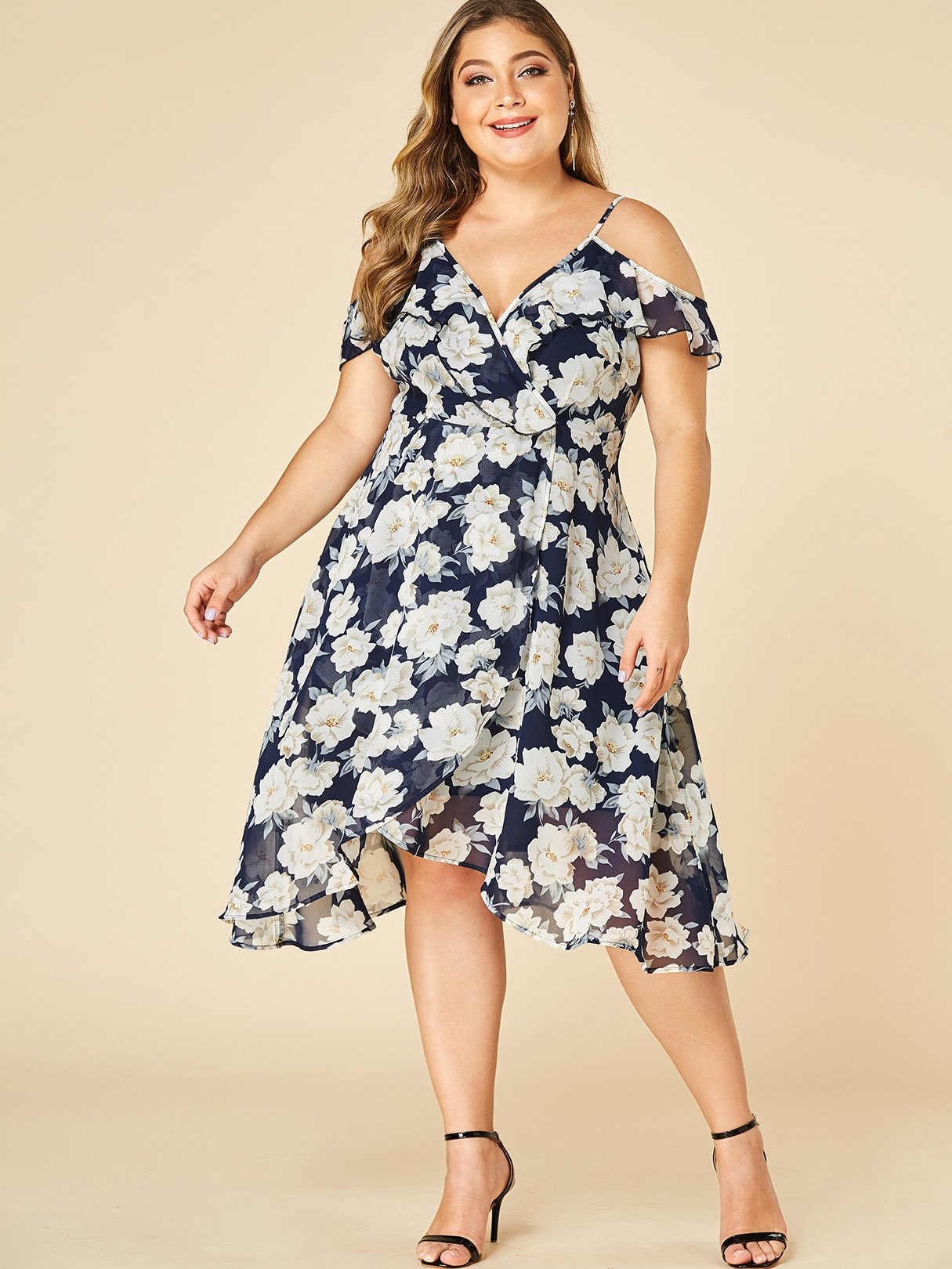 Wholesale Cold Shoulder Floral Print Ruffle Trim Short Sleeve Flounced Hem Plus Size Dress