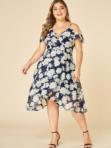 Wholesale Cold Shoulder Floral Print Ruffle Trim Short Sleeve Flounced Hem Plus Size Dress