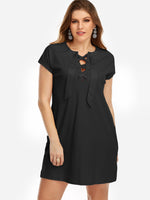 Wholesale V-Neck Plain Lace-Up Short Sleeve Curved Hem Black Plus Size Dresses