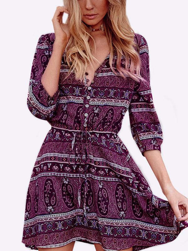 Wholesale V-Neck 3/4 Length Sleeve Slit Hem Mini Dresses