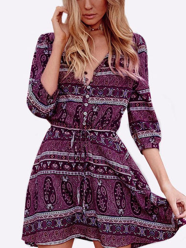 Wholesale V-Neck 3/4 Length Sleeve Slit Hem Mini Dresses