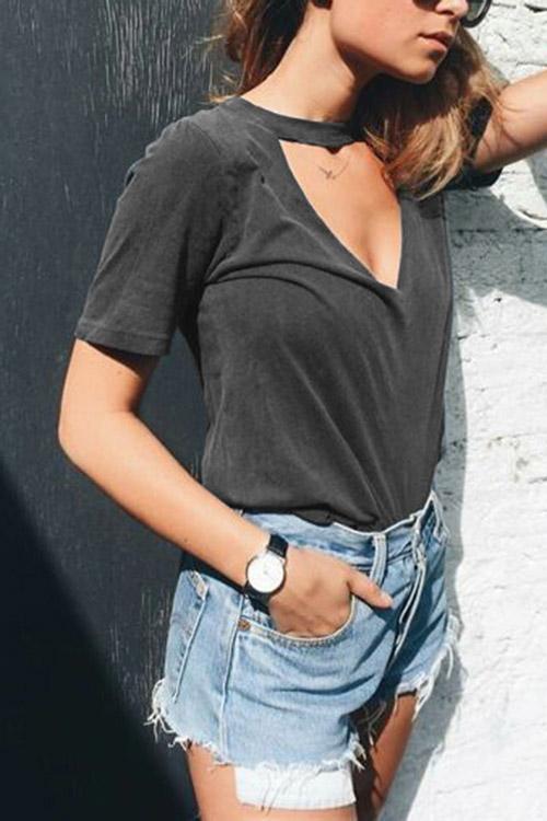 Wholesale Crew Neck Cut Out Short Sleeve Grey T-Shirts