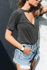 Wholesale Crew Neck Cut Out Short Sleeve Grey T-Shirts