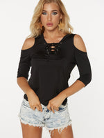 Wholesale Cold Shoulder Lace-Up 3/4 Sleeve Black Top