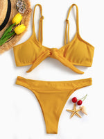Wholesale Orange Scoop Neck Sleeveless Plain Tie-Up High Waist Two Piece Bikinis