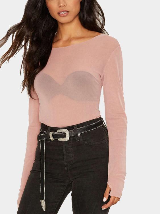 Wholesale Round Neck Sheer Long Sleeve Pink T-Shirts