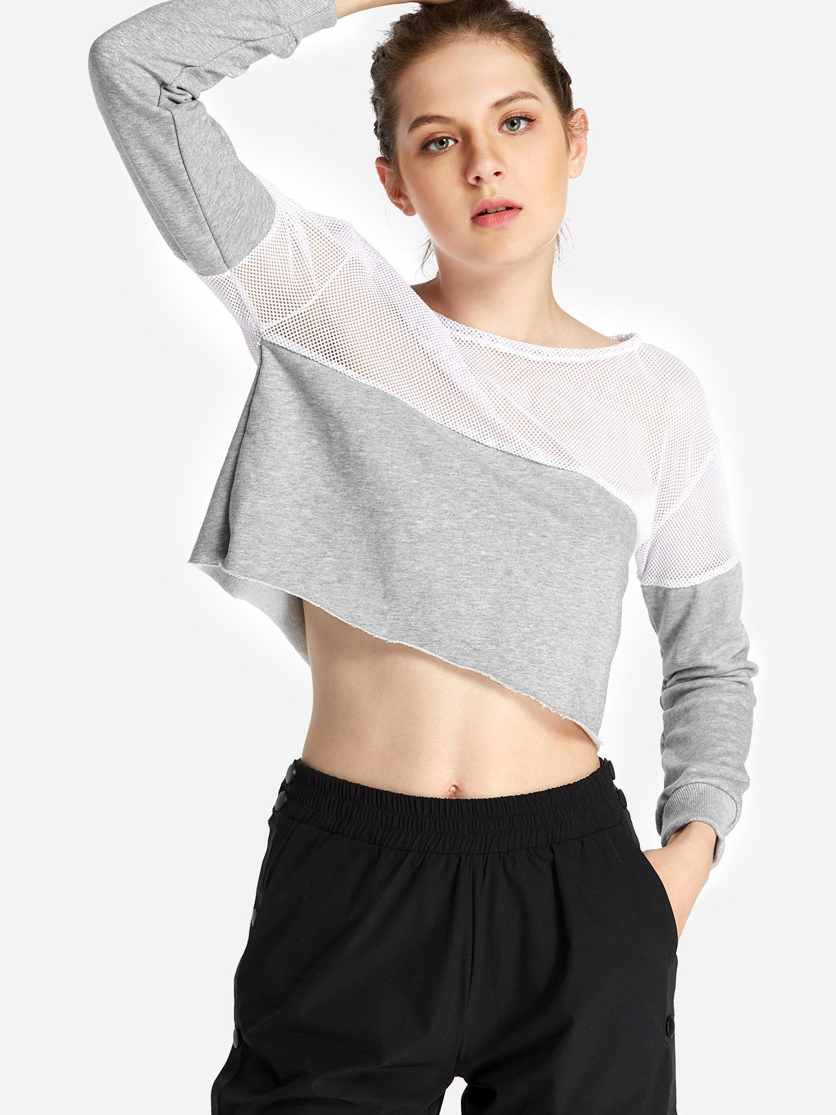 Wholesale Round Neck Fishnet Long Sleeve Grey T-Shirts