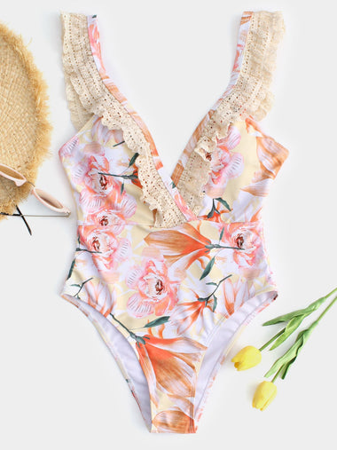 Wholesale Deep V Neck Sleeveless Floral Print Lace Backless One-Pieces Swimsuits