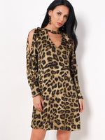 Wholesale V-Neck Cold Shoulder Long Sleeve Leopard Cut Out Dresses