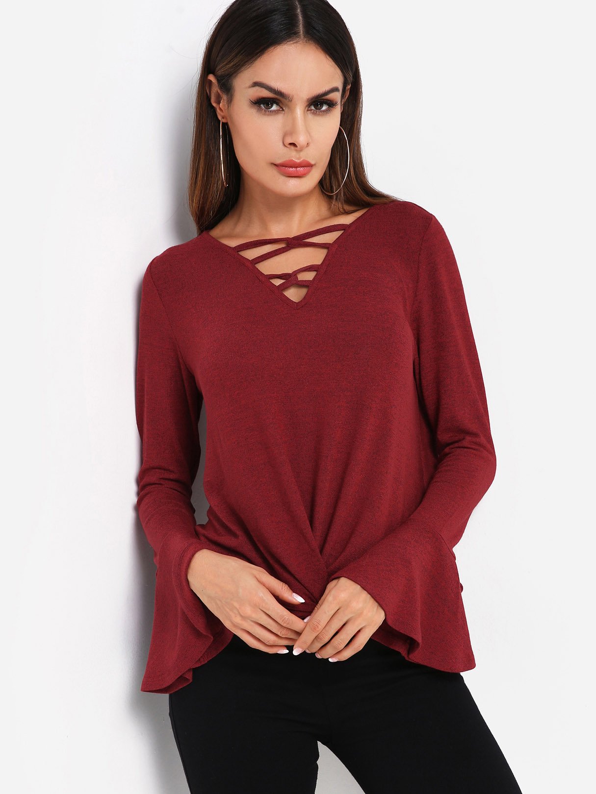 Wholesale V-Neck Plain Lace-Up Long Sleeve Irregular Hem Burgundy T-Shirts