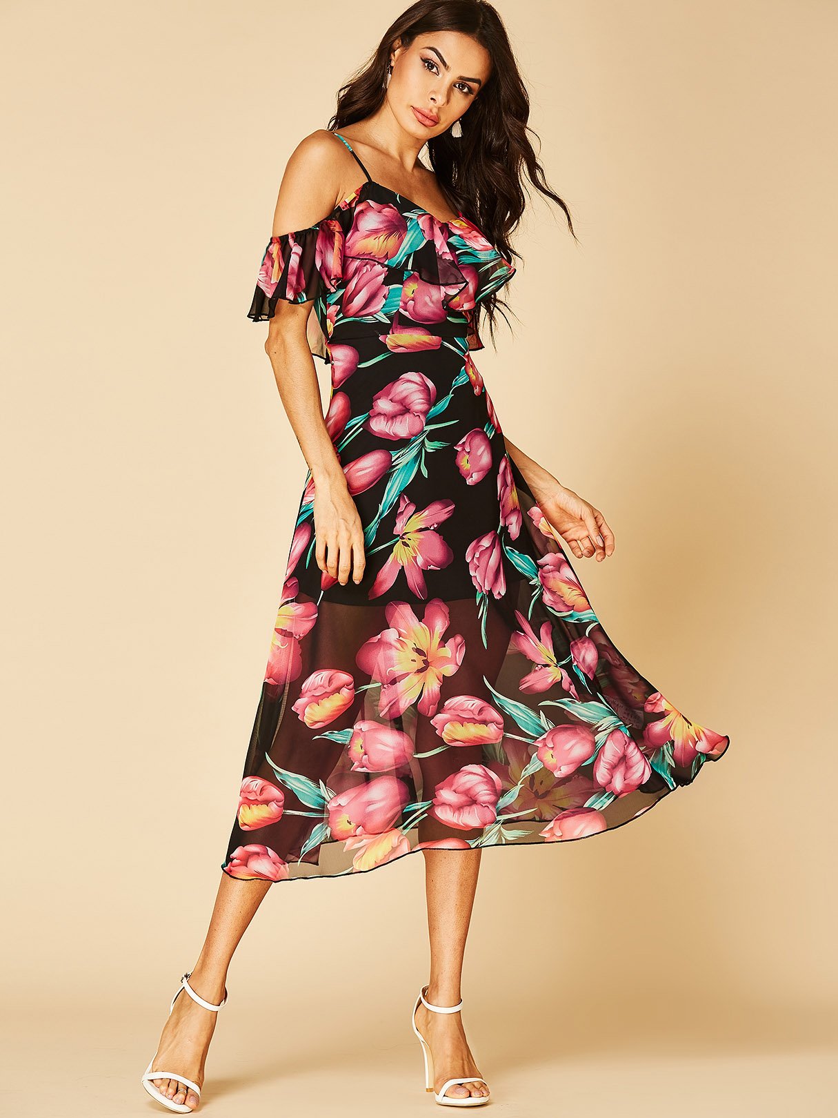 Wholesale V-Neck Floral Print Backless High-Waisted Dresses