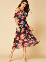 Wholesale V-Neck Floral Print Backless High-Waisted Dresses